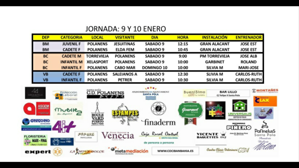 HORARIOS EQUIPOS POLANENS 9 Y 10 ENERO