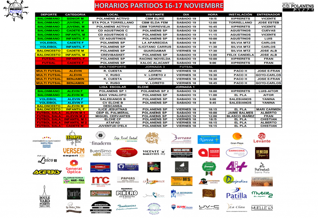 Horarios equipos Polanens 18-19 noviembre