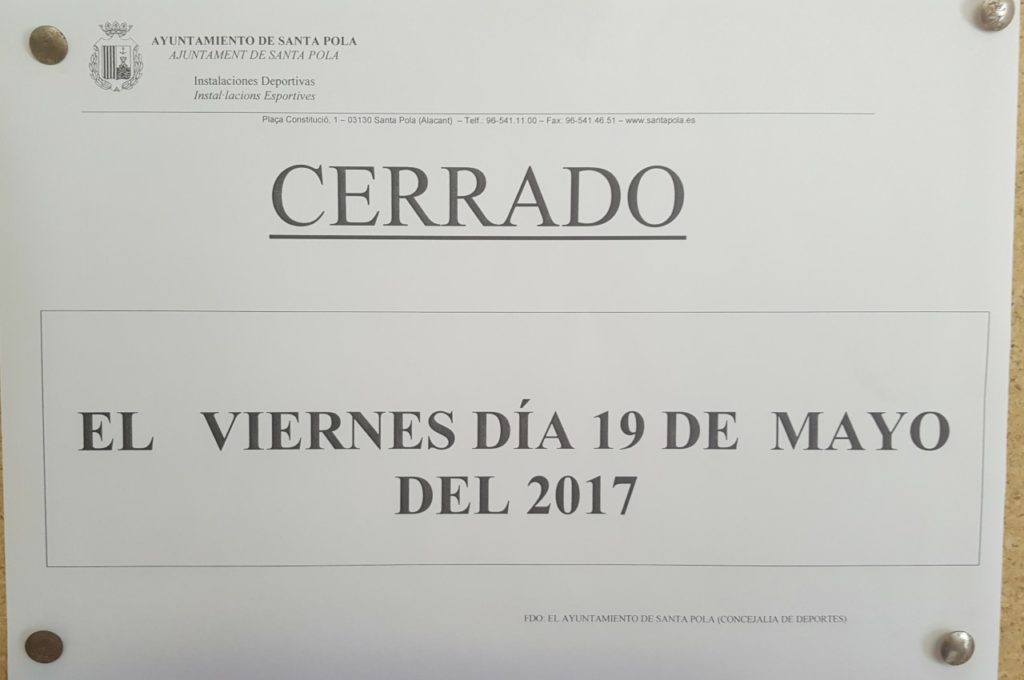 El viernes 19 mayo las instalaciones deportivas estarán cerradas