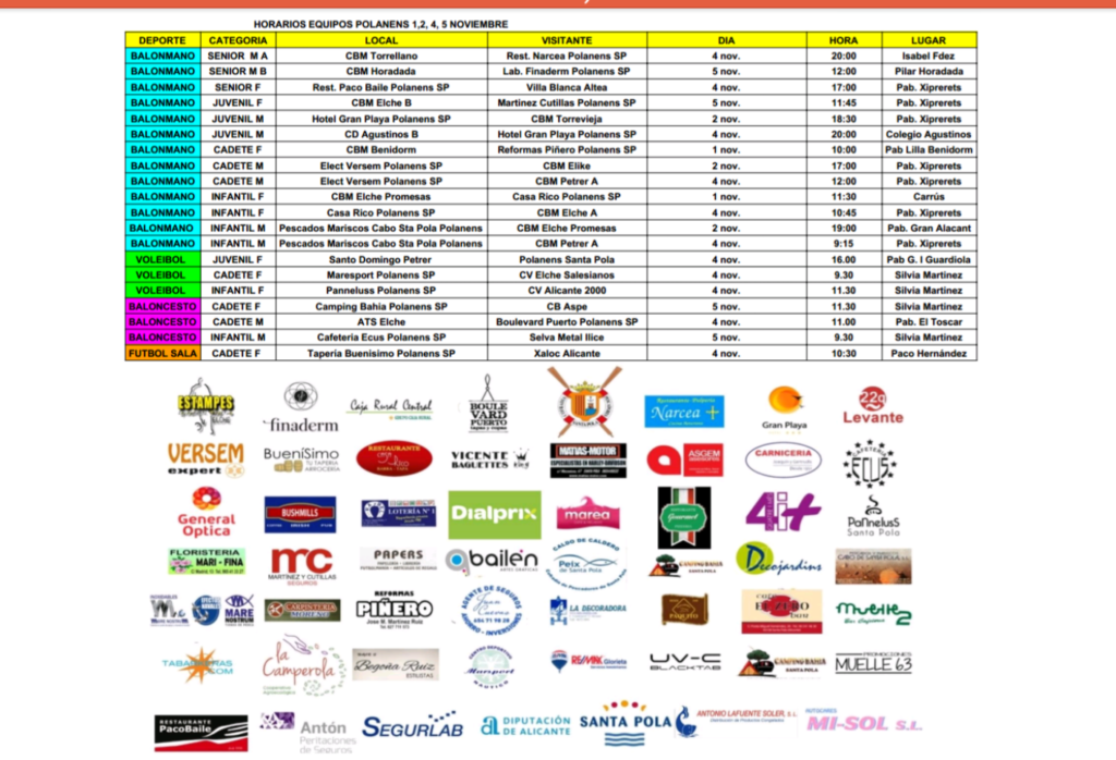 Horarios equipos Polanens 1,2,4 y 5 noviembre