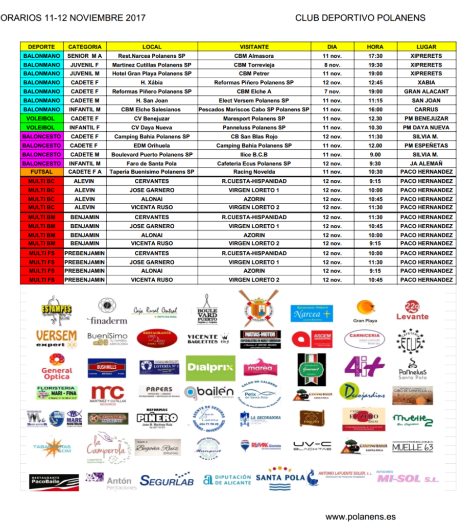 Horarios equipos Polanens 11 y 12 noviembre