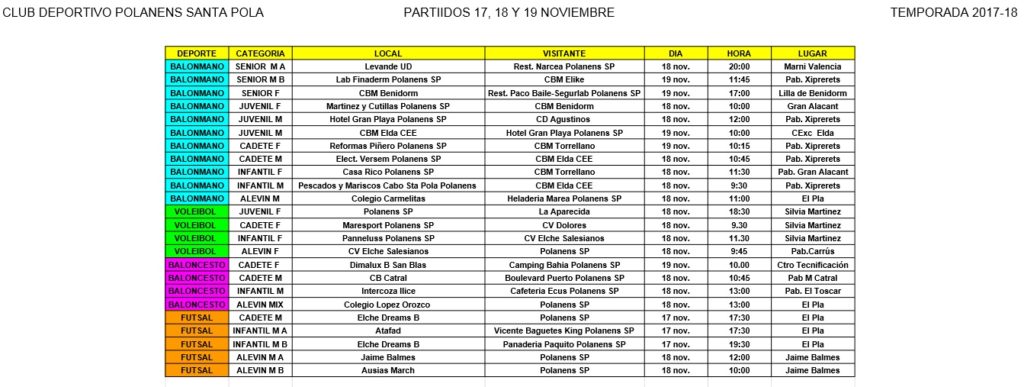 Horarios equipos Polanens 17, 18 y 19 noviembre
