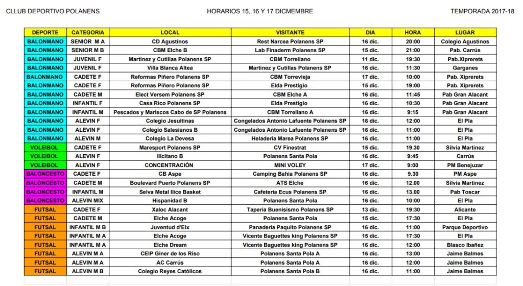 Horarios equipos Polanens 15,16 y 17 diciembre