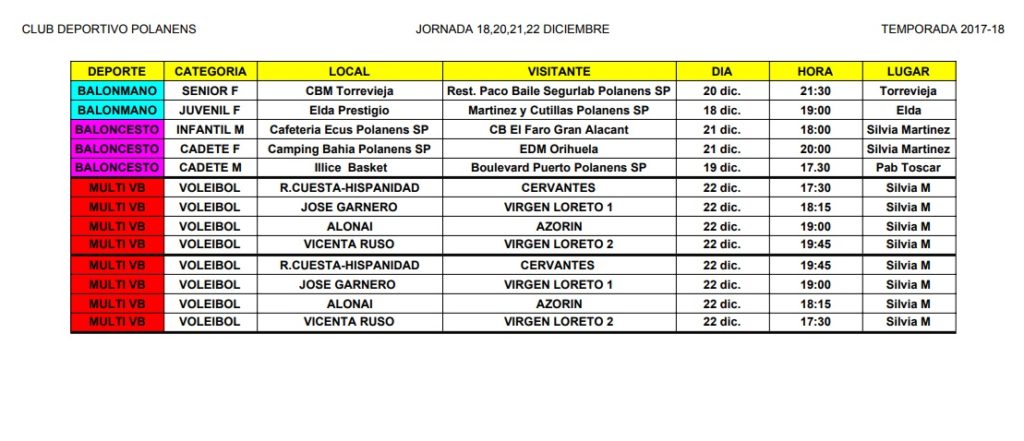 Horarios equipos Polanens 18,20, 21 y 22 diciembre