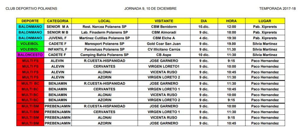 Horarios equipos Polanens 9 y 10 diciembre