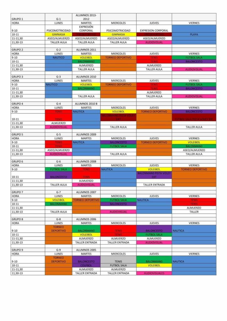 Horarios Escuela de verano julio 2018