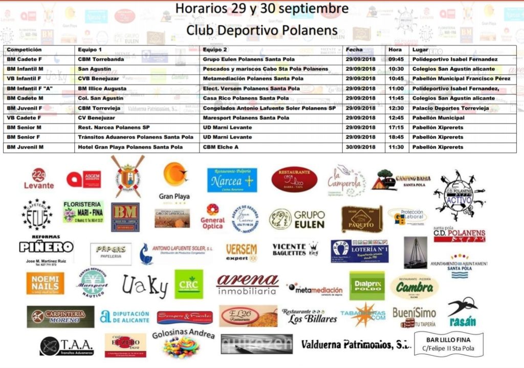 Horarios equipos Polanens 29 y 30 Septiembre