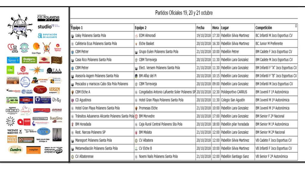 Horarios Partidos Polanens 19,20 y 21 octubre