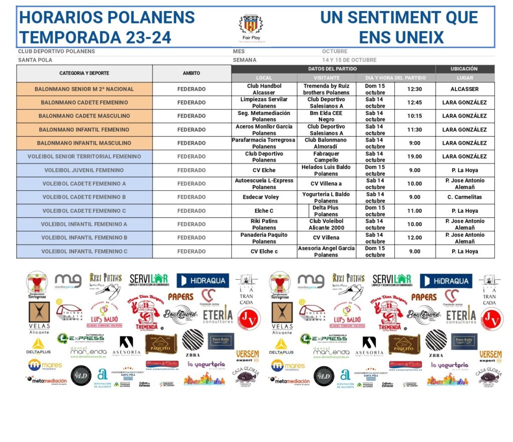Horarios equipos Polanens 14 y 15 de octubre
