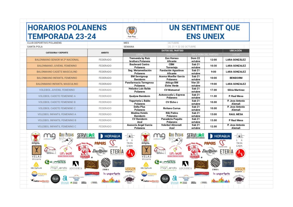 Horarios equipos Polanens 20, 21 y 22 de octubre