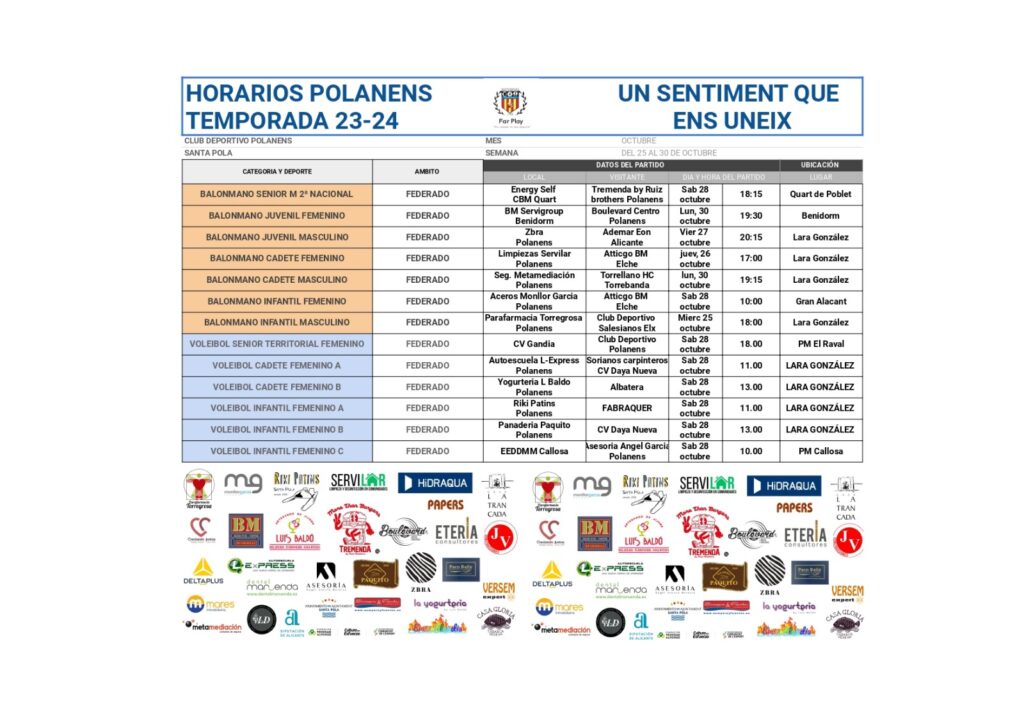 Horarios equipos Polanens del 25.al 30 de octubre