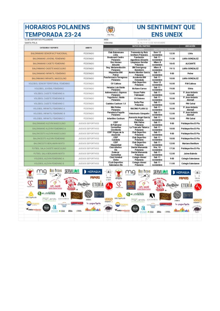 HORARIOS EQUIPOS POLANENS 10, 11 Y 12 NOVIEMBRE