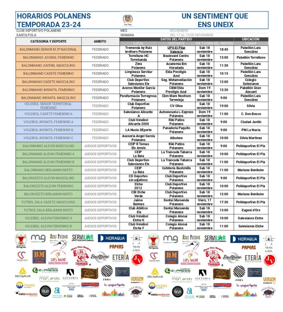 Horarios equipos Polanens 17, 18 y 19 de noviembre