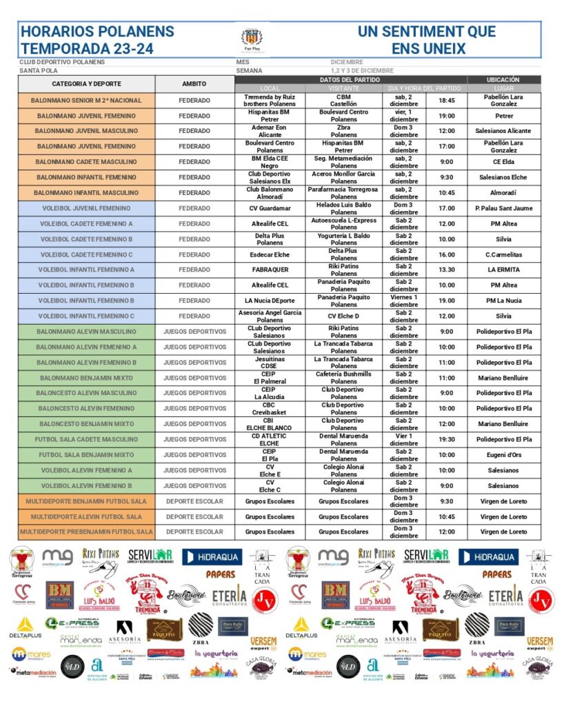Horarios equipos Polanens. 1, 2 y 3 de diciembre