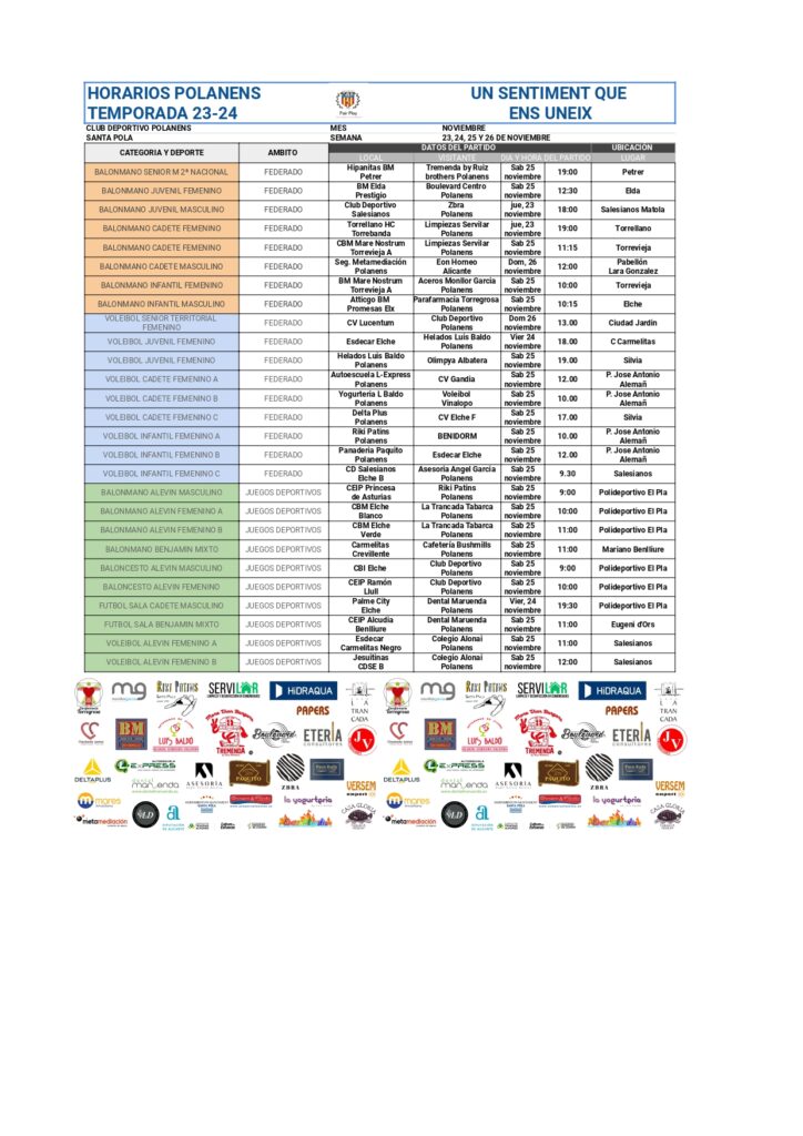 Horarios equipos Polanens 23, 24, 25 y 26 de noviembre
