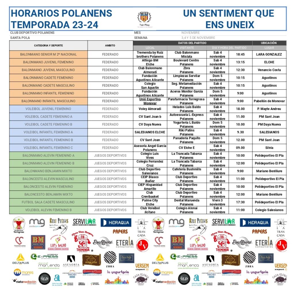 Horarios equipos Polanens 3,4 y 5 de noviembre
