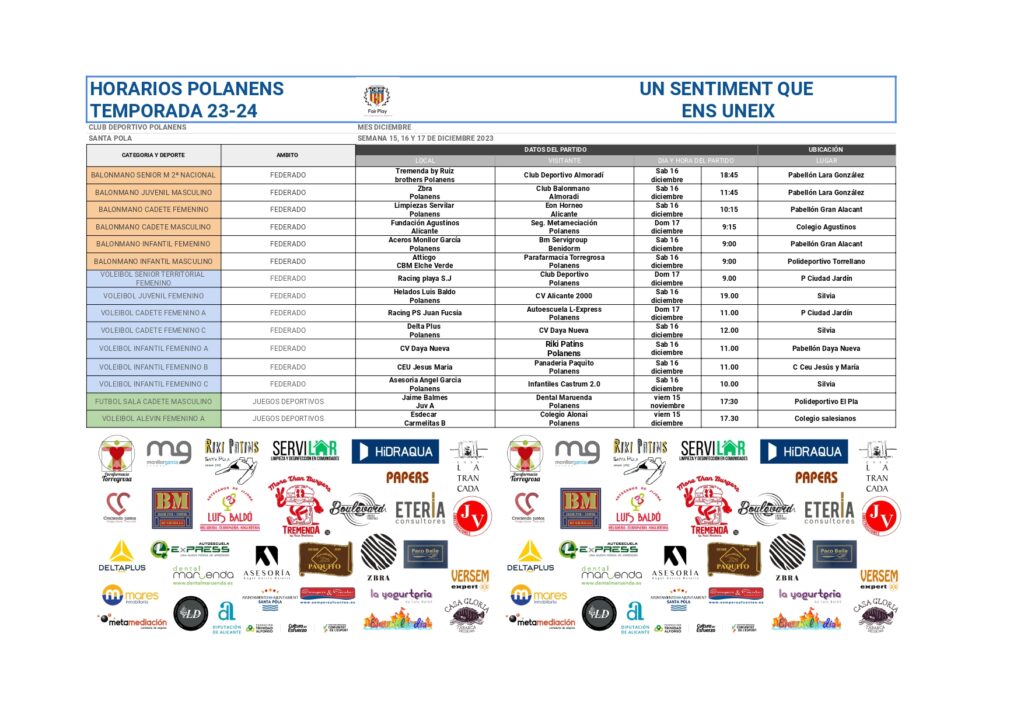 Horarios equipos Polanens 15, 16 y 17 de diciembre