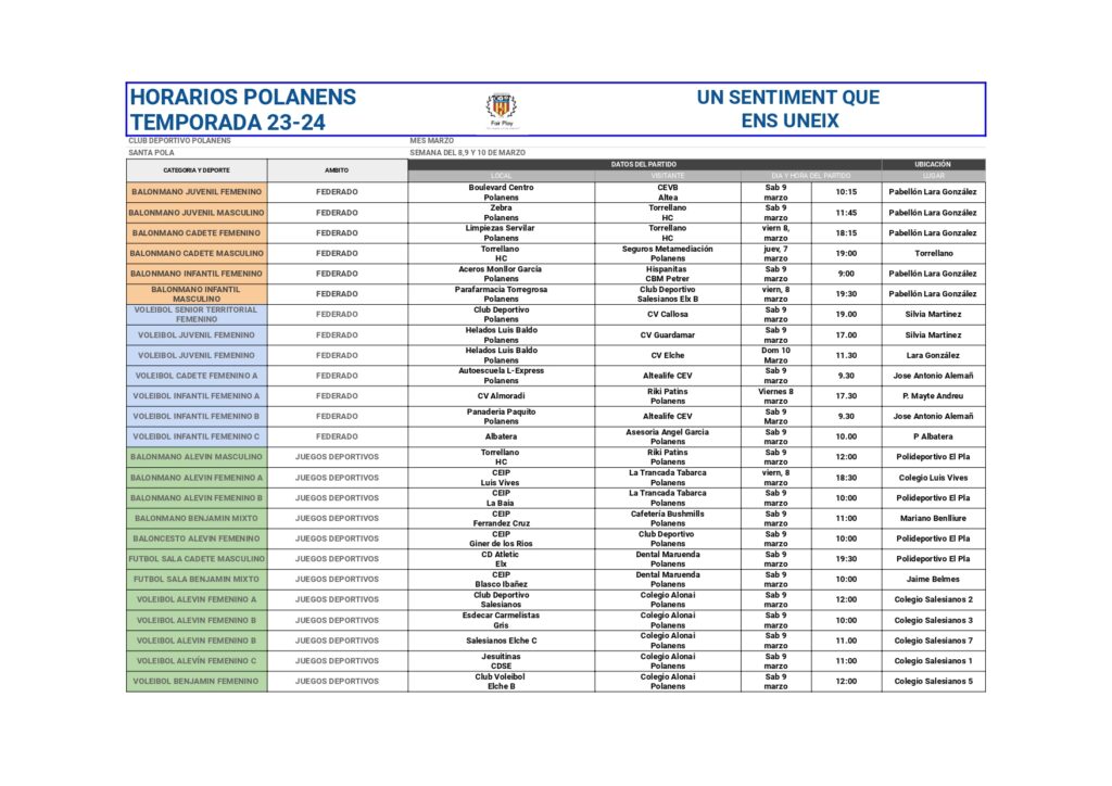 HORARIOS EQUIPOS POLANENS 8, 9 Y 10 DE MARZO