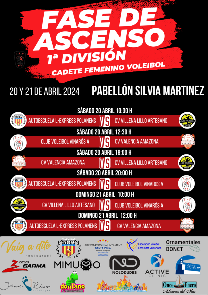 HORARIOS FASE DE ASCENSO A 1 DIVISIÓN CADETE VOLEIBOL
