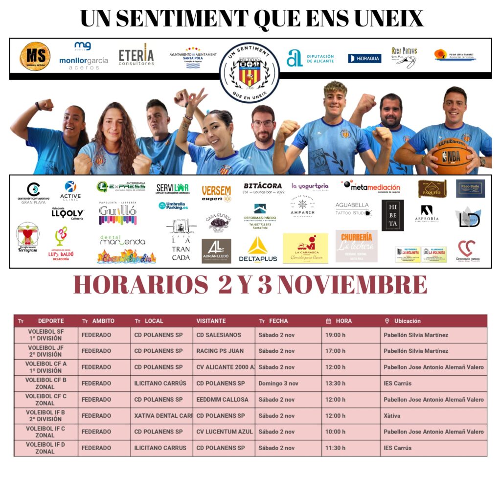 HORARIOS EQUIPOS POLANENS 2 Y 3 DE NOVIEMBRE