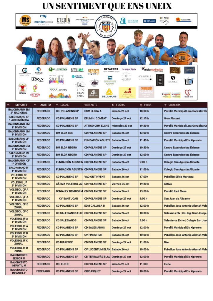 HORARIOS EQUIPOS POLANENS 26 Y 27 OCTUBRE