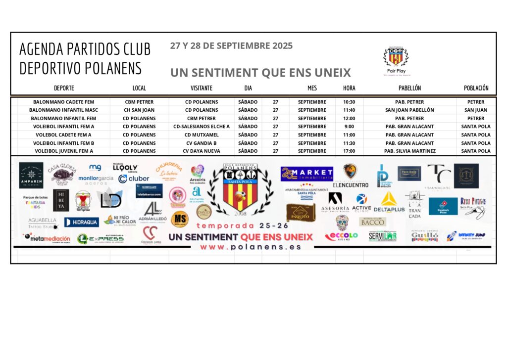 AGENDA DE PARTIDOS POLANENS. 27 DE SEPTIEMBRE