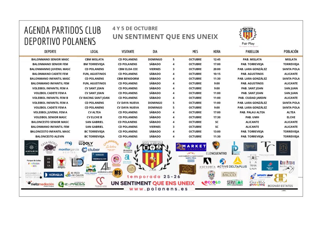 AGENDA PARTIDOS POLANENS 3,4 Y 5 DE OCTUBRE