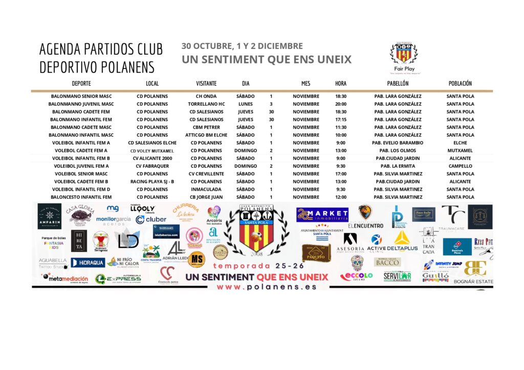 AGENDA DE PARTIDOS POLANENS 30 OCTUBRE 1 Y 2 DE NOVIEMBRE