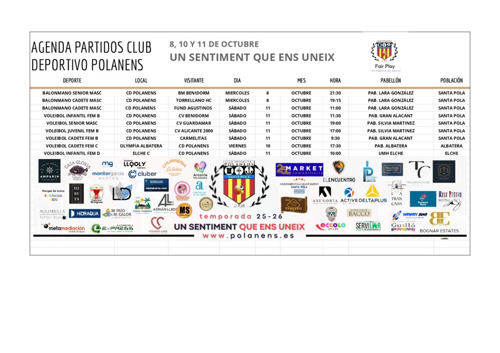AGENDA PARTIDOS POLANENS 8, 10 Y 11 DE OCTUBRE