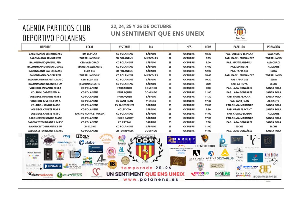 AGENDA PARTIDOS POLANENS 22, 24,25 Y 26 DE OCTUBRE