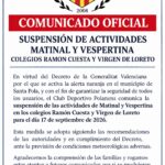 COMUNICADO: SUSPENSIÓN DE AULA MATINAL Y AULAS VESPERTINAS. Jueves 17 de septiembre